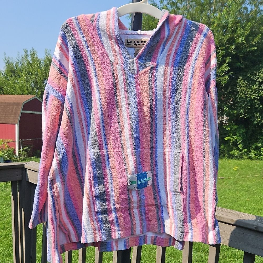 Vintage B.U.M. Equipment Striped Hoodie Pullover Sz M 90s Surf Style